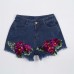 Denim Floral Embroidery Slim Fit Women's Shorts