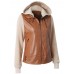 PU Patchwork Hooded Zipper Up Women's Jacket