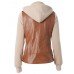 PU Patchwork Hooded Zipper Up Women's Jacket