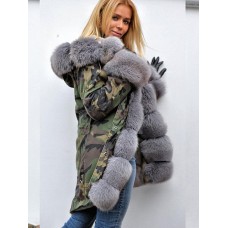 Faux Fur Hooded Camouflage Long Sleeve Overcoat