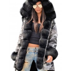 Faux Fur Hooded Camouflage Long Sleeve Overcoat