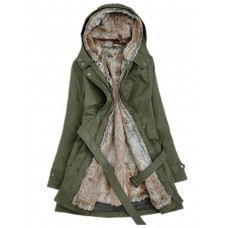 Hooded Rivet Decorated Detachable Lining with Belt Women's Overcoat