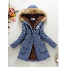 Patchwork Hooded Flocking Lace-Up Zipper Overcoat