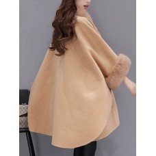 Faux Fur Detail Hidden Button Loose Plain Cape