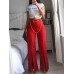 Buckle Chain Decorated Slit Plain Women's Casual Pants