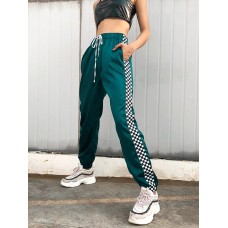 Contrast Grid Drawstring Women's Casual Pants