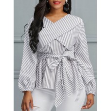 V-Neck Striped Women's Designed Shirt