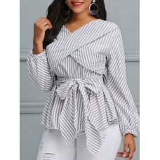 V-Neck Striped Women's Designed Shirt