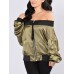 Chic Ruched Slash Neck Zipper Women's Jacket