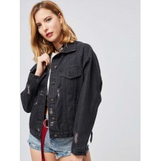 Hole Worn Lapel Double Pockets Women's Jacket