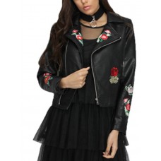 Floral Lapel Front Zipper PU jacket