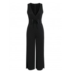 Split V Neck High-Waist Lace-Up Jumpsuits