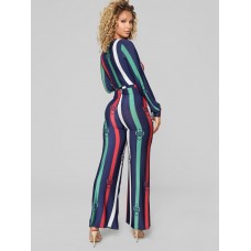 Stripe Digital Printing V Neck Women's Jumpsuits