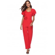 Wide Legs Plain Ruffle Sleeve Women's Jumpsuits