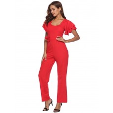 Wide Legs Plain Ruffle Sleeve Women's Jumpsuits