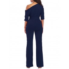 Oblique Shoulder Slim Plain Women's Jumpsuits