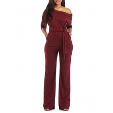 Oblique Shoulder Slim Plain Women's Jumpsuits