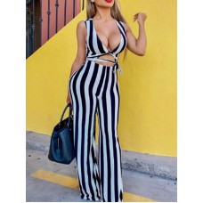 Stripe Wide Legs Lace-Up Women's Jumpsuits