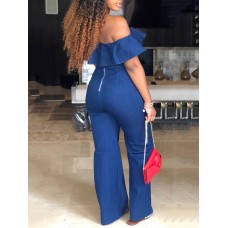 Off Shoulder Pure Color Bowtie Falbala Denim Jumpsuit