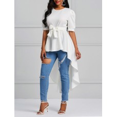 Scoop Patchwork Tie Front Ruffles Short Sleeve T-shirt