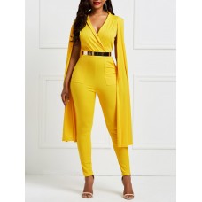 Plain V Neck Cape Women's Jumpsuit