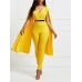 Plain V Neck Cape Women's Jumpsuit