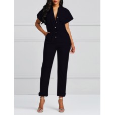 Pure Color Women's Sexy V-Neck Jumpsuit