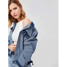 Stripe Lapel Double Pockets Women's Jacket