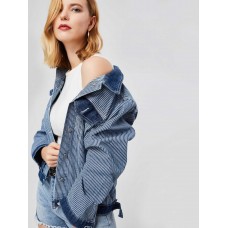 Stripe Lapel Double Pockets Women's Jacket