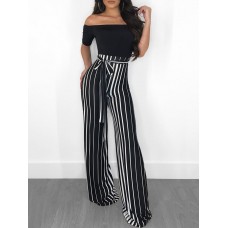 High-Waist Stripe Print Backless Lace-Up Jumpsuit