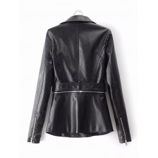 Belt Notched Lapel Zipper Pocket Women's PU Jacket