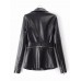 Belt Notched Lapel Zipper Pocket Women's PU Jacket