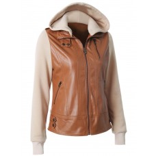 PU Patchwork Hooded Zipper Up Women's Jacket