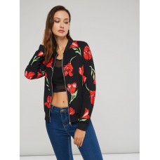 Floral Print Zip Stand Collar Women's Jacket