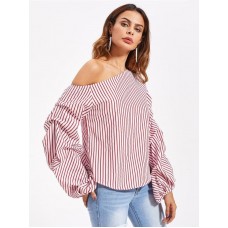 Asymmetric Shoulder Gathered Lantern Sleeve T-Shirt