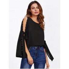 Pearl Bow Tied Slit Bell Sleeve T-Shirt