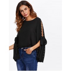 Pearl Bow Tied Slit Bell Sleeve T-Shirt