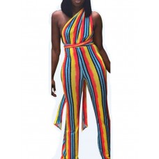 Self-tie European-American Floral Striped Sexy Jumpsuit