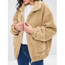 Slip Zipper Pockets Faux Fur Coat