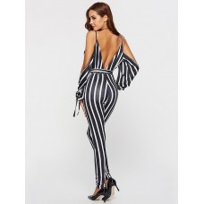 Stripe Off Shoulder Lace-Up Women's Jumpsuit