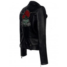 PU Rivet Detail Embroidered Biker Jacket