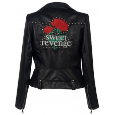 PU Rivet Detail Embroidered Biker Jacket